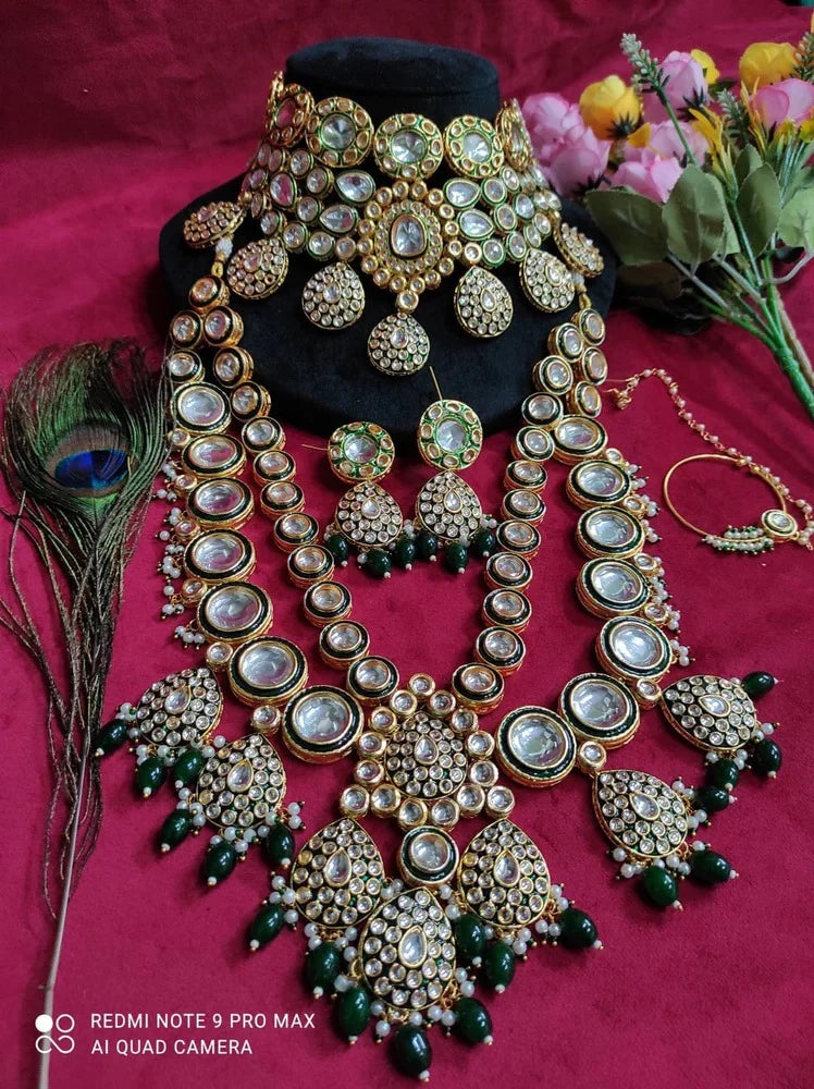 Monsoon Offer Green Kundan Polki Bridal Set with Choker,Long and Earrings